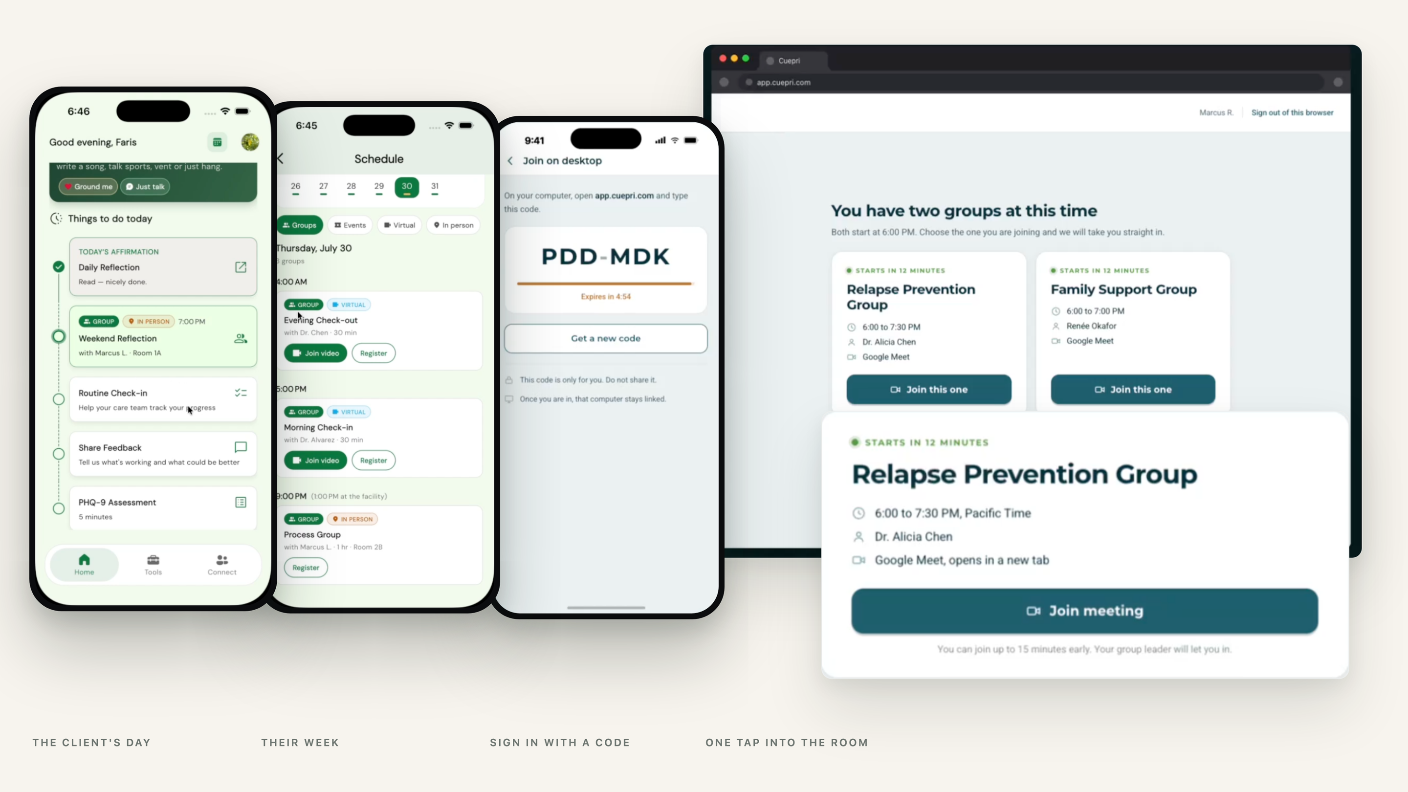 One app across a client's day, their week of groups, a sign-in code for a shared computer, and the browser where one tap drops them into the group.
