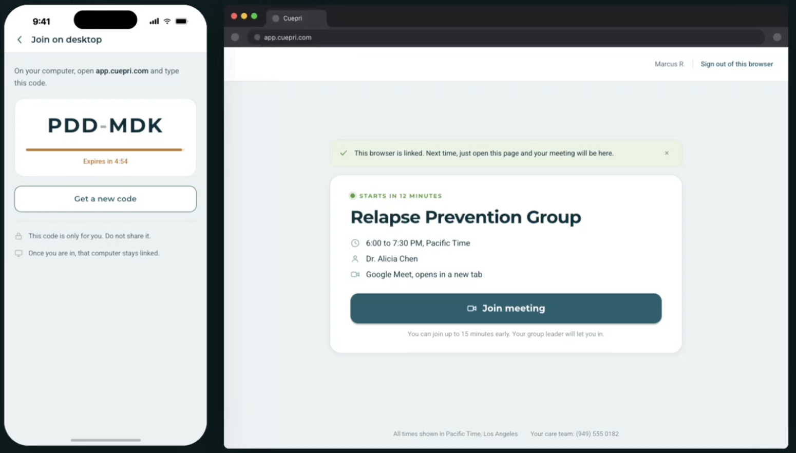 A client opens a one-time code on their phone, types it on a shared computer, and the browser opens straight onto tonight's group with a Join meeting button.