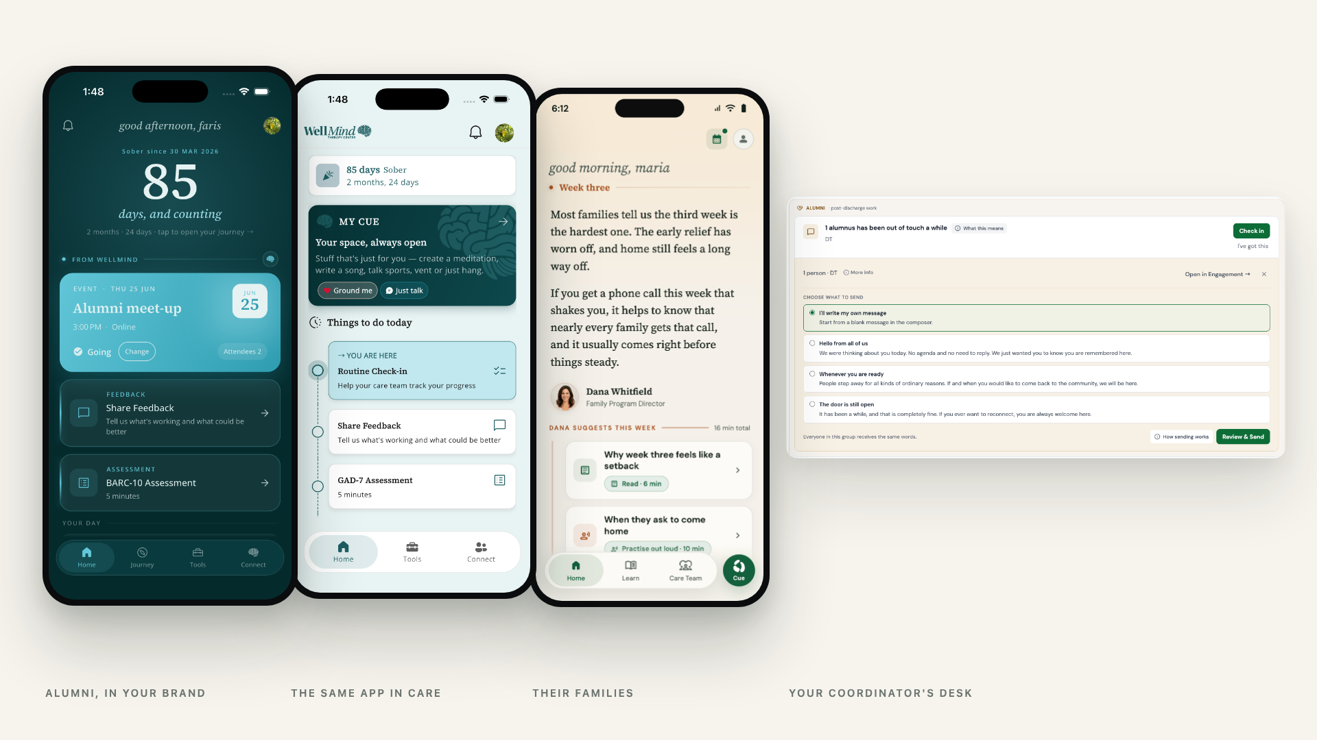 A facility's own branded app: the alumni experience and the in-care experience in WellMind's brand, the family on its own account, and the coordinator desk showing post-discharge work.