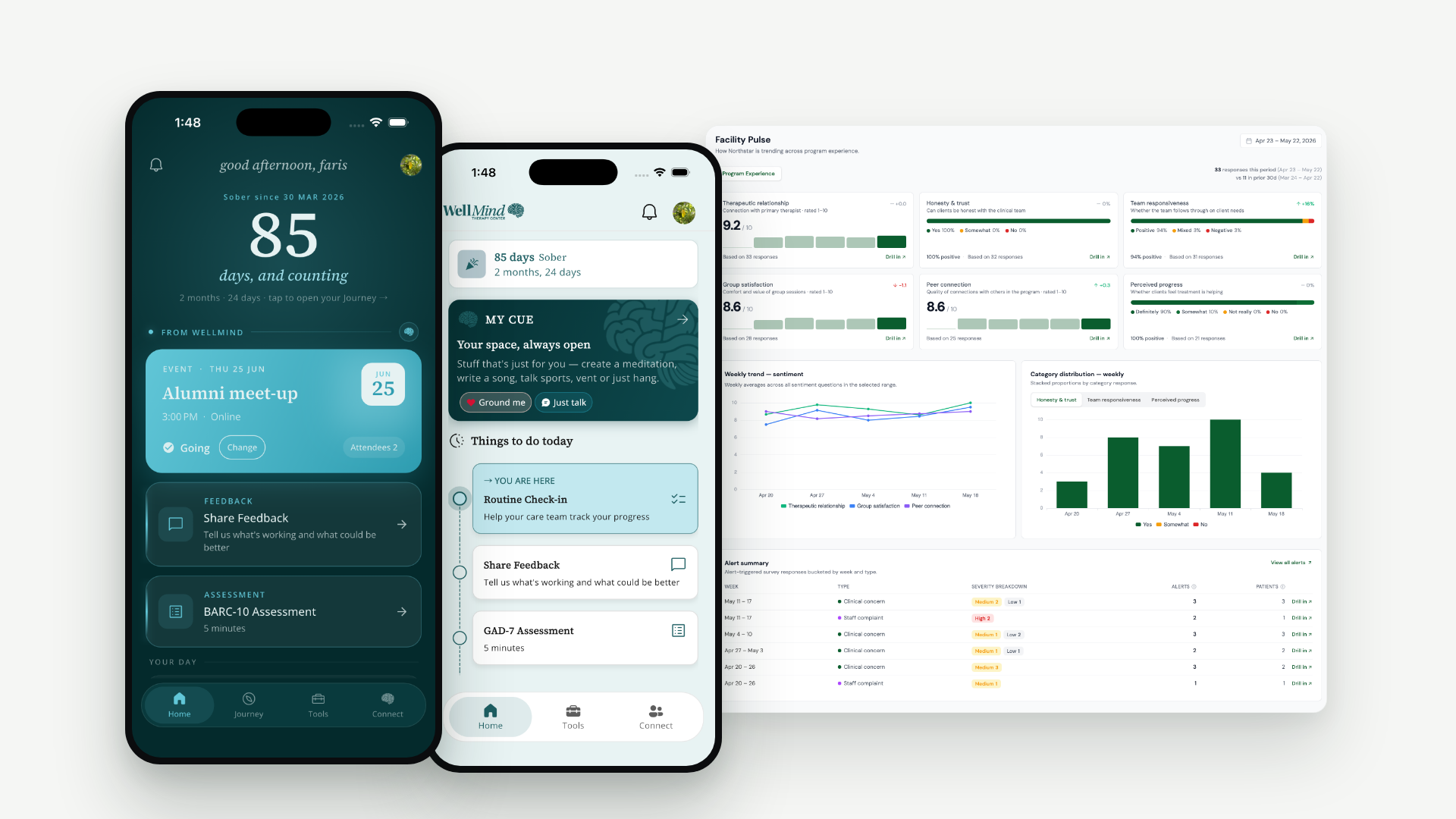A facility's own branded alumni and client app: WellMind-branded phone screens for alumni life and in-care, beside the Facility Pulse coordinator dashboard.